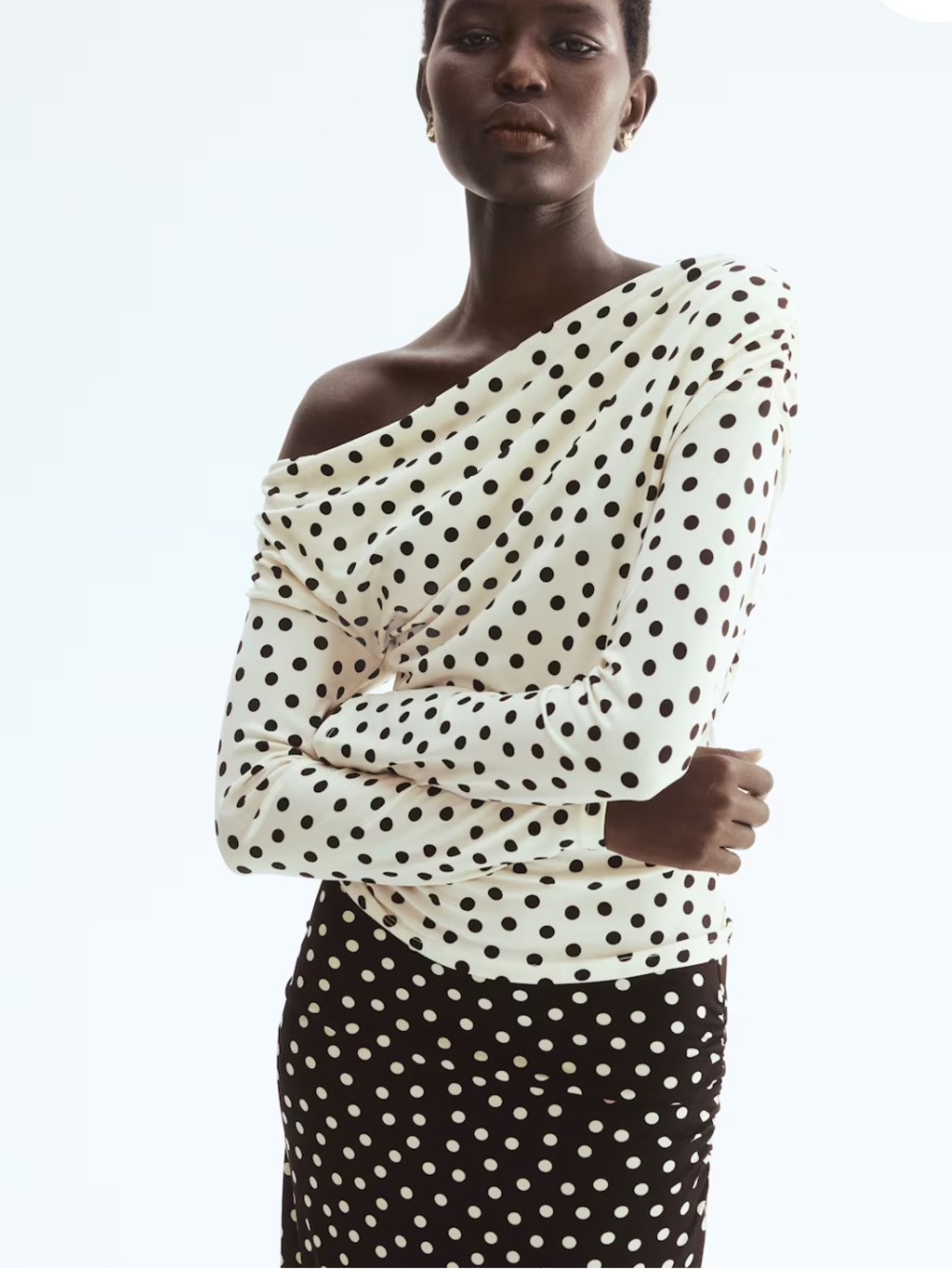 H&M Polka Dot Draped One off the Shoulder Long Sleeve Top - Cream/Black sz S NWT